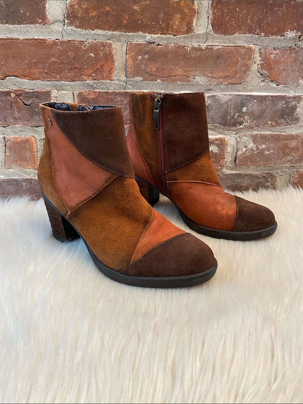 Earth Malta Leather Patchwork Booties in Cognac Multi, Size 7B